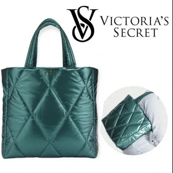 NWT! Victoria's Secret Green Silver Quilted Tote Bag - Image 2