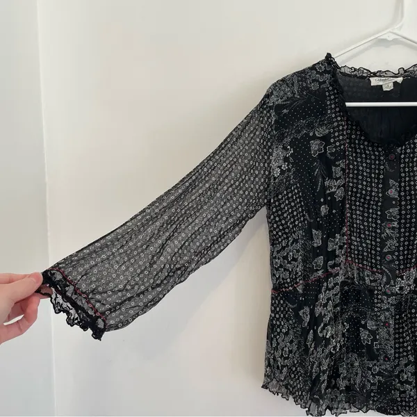 COLDWATER CREEK Black White Patchwork Floral Crinkle Button 3/4 Sleeve Blouse S - Image 7