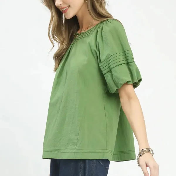 Umgee Round Neck Puff Sleeve Top with‎ Contrast Stitch Detail - Image 2