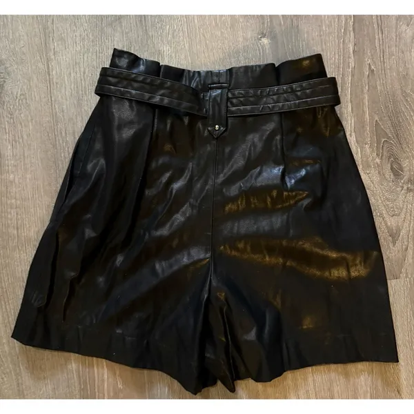 Zara Black Faux Leather Paperbag‎ Waist Shorts with Tie Belt Womens Small - Image 2