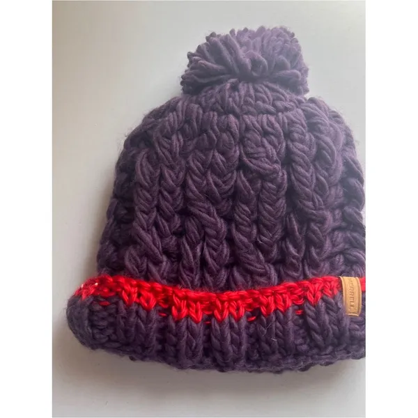 Chunky Knit Pom Beanie in Purple with Red Stripe Merrell - Image 4