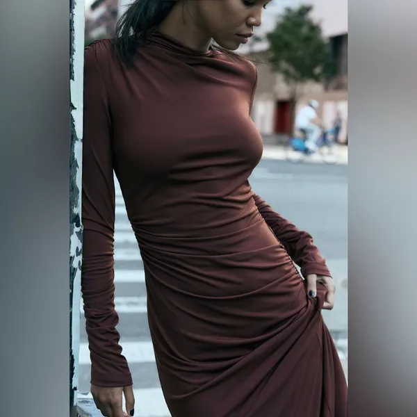 NWT Zara Draped Long Ruched Maxi Dress in Tobacco Brown Size XS - Image 5