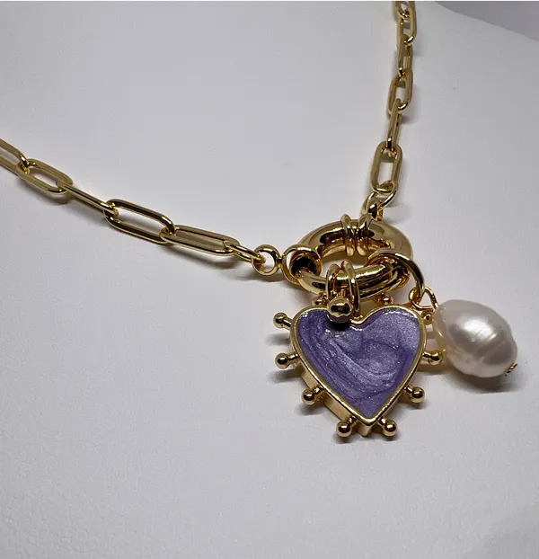 Gold Purple Heart charm necklace with freshwater pearl charm - Image 4