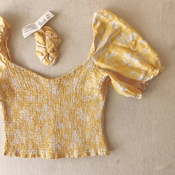 Abercrombie & Fitch Smocked Floral Puff Sleeve Top Women Large Yellow - Image 3