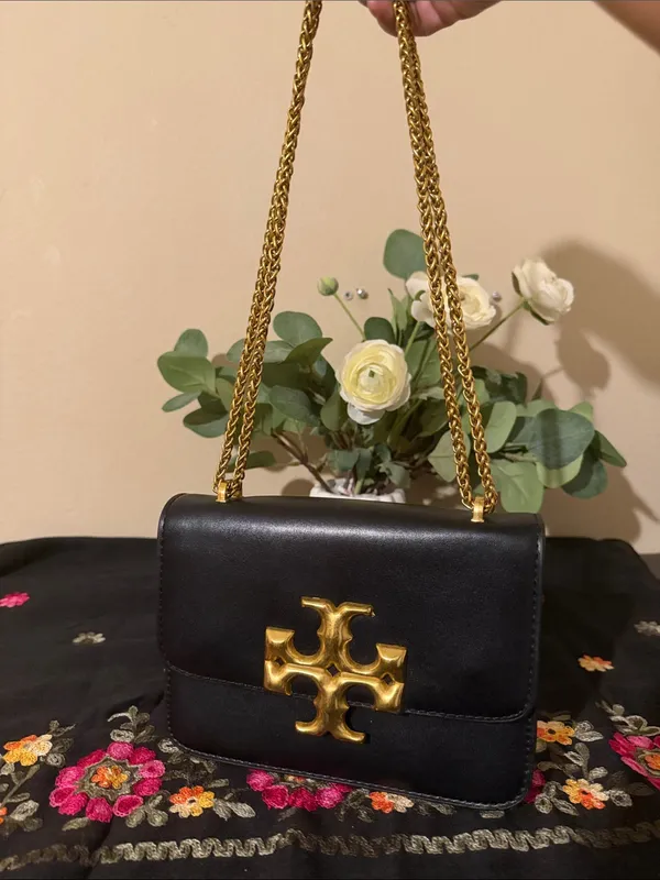 Tory Burch Black Leather Crossbody with Gold Logo Chain - Image 4