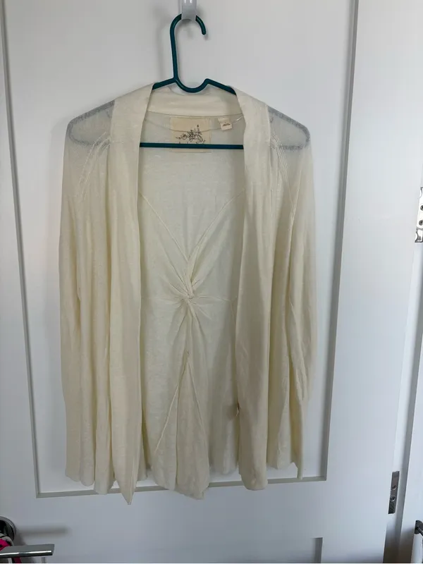 Anthropologie Angel of the North Ivory Linen Blend Open Cardigan Twist Back-S - Image 3