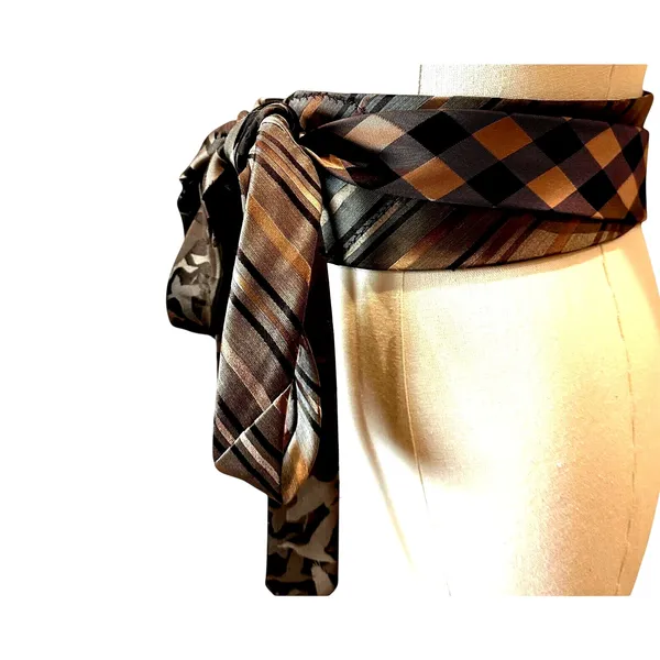 Unique Satin Obi Belt Wide One Size Wrap Brown Preppy Upcyled Artsy Handmade - Image 2