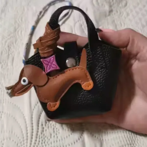 Mini Leather Bag For AirPods Case With Tiny Dachshund As Decor Black Set Brown - Image 2