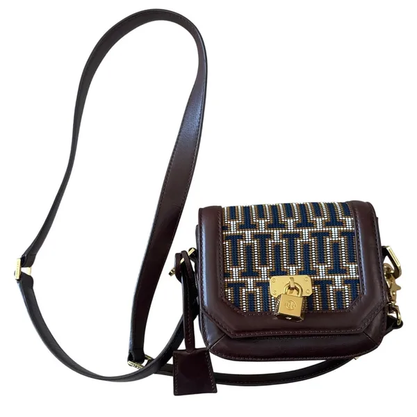 Tory Burch Mini Crossbody‎ Navy Brown Logo Jacquard Lock Bag - Image 4
