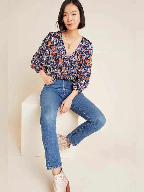 Anthropologie Maeve Cathy Pleated Blouse Boho Peasant Botanical Floral V-neck M - Image 3