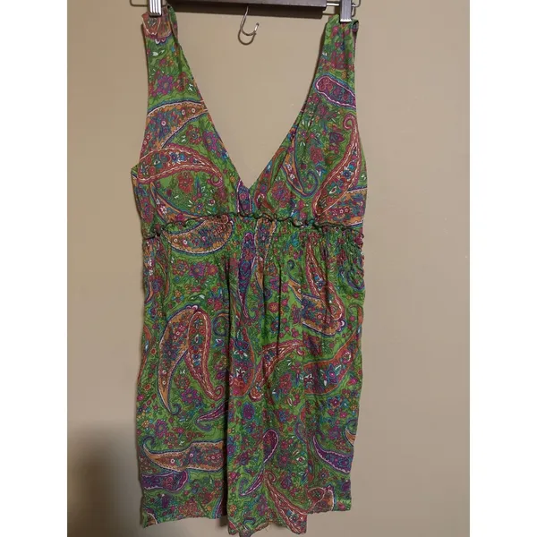 100% Cotton Paisley Mini Dress Green Boho V-Neck Wooden Ring Womens M western‎ - Image 6