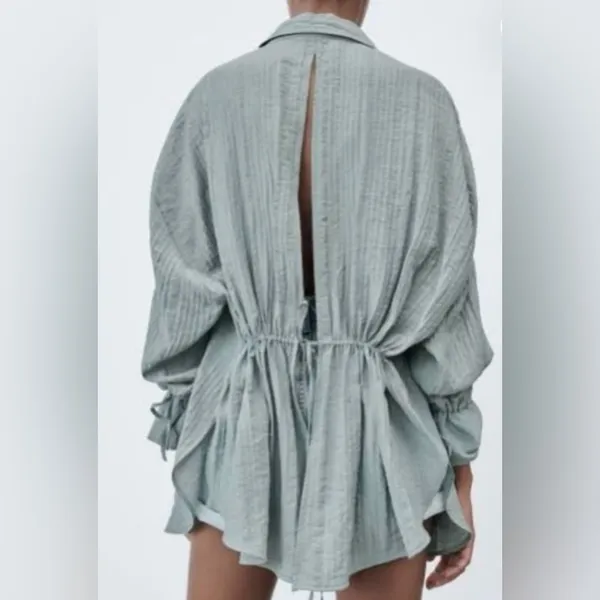 ZARA Light Green Button-Up Open Back Shirt Size‎ M - Image 2