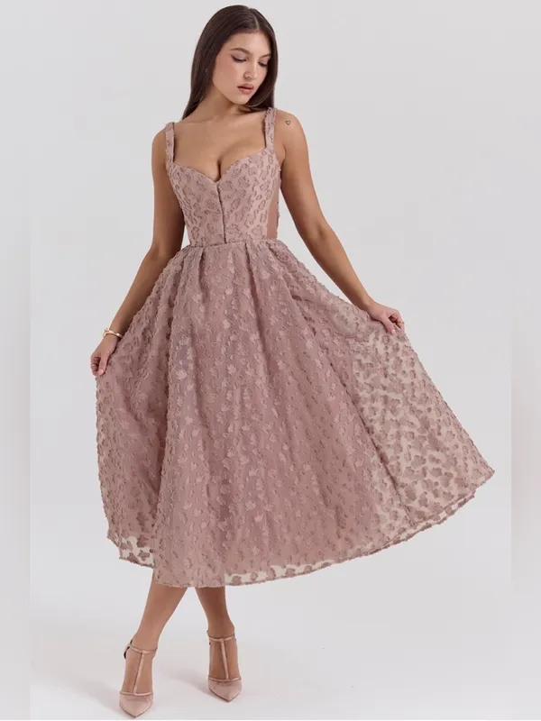 House of CB Lovely French Rose Jacquard Sweetheart Neckline Midi Dress L - Image 7