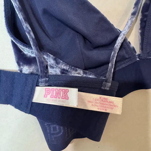 PINK - Victoria's Secret Dark Blue Velvet Triangle Bralette Women’s Size Medium - Image 10