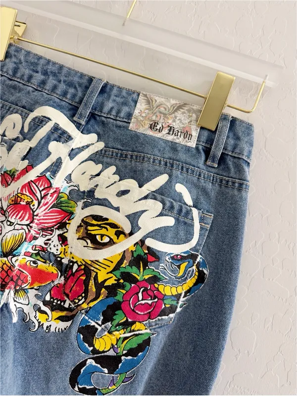 Ed Hardy Y2K Tattoo Snake Painted Tiger Koi Fish Oversized Wide Leg Jeans Sz 26 - Image 9