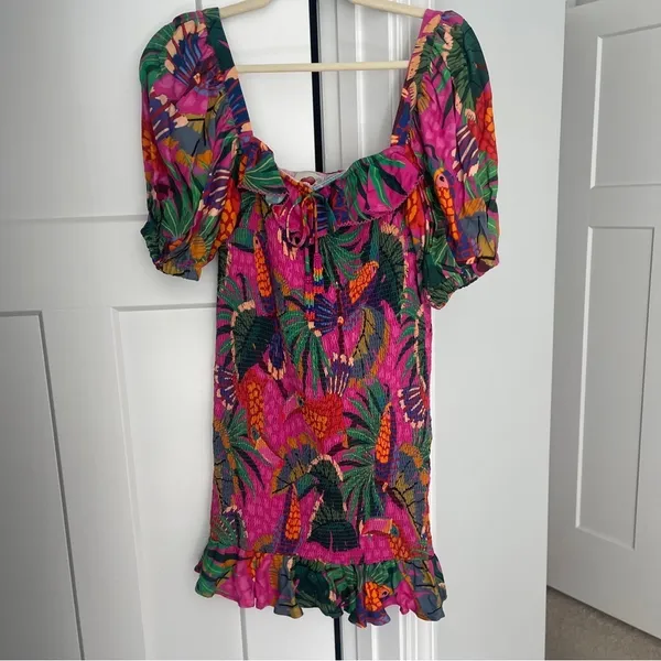 Farm Rio Painted Toucans Mini Dress Smocked Pink‎ - Image 3