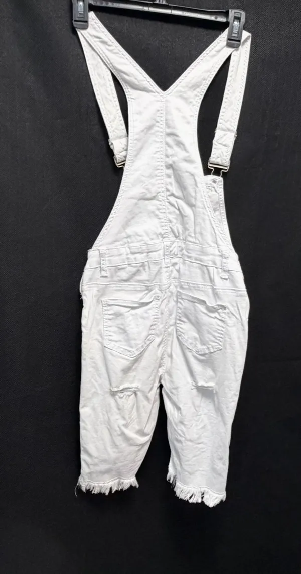 American Bazi White Distressed Denim Overalls - Size S (Fringe Hem) - Image 4
