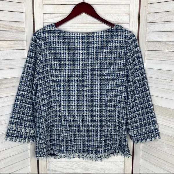 Ann Taylor Tweed Fringe Trim Boatneck Top Shirt‎ Blue White 8 Preppy Nautical - Image 8