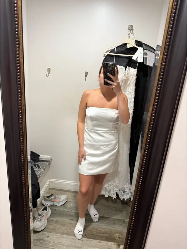 Lulus Bridal White Satin Strapless Bow Mini Dress - Image 2