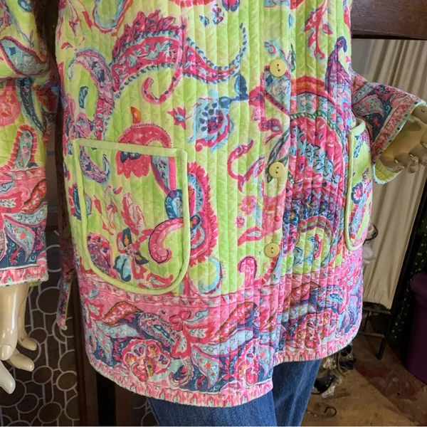 La Cera Pink & Green Paisley Print Quilted Reversible Jacket (L) - Image 8