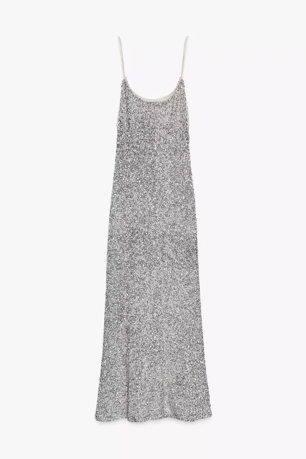 Zara Silver Sequin Spaghetti Strap maxi Dress evening party holiday - Image 12