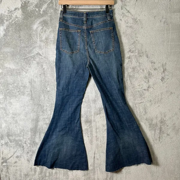 Free People High Rise Button Fly Flare Jeans‎ Boho Wide Leg Raw Hem 28 Rodeo 29” - Image 6