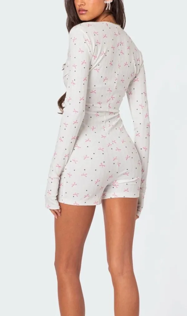 $55 NWT Edikted Mindy Printed Pointelle Romper Size Small Bows Coquette - Image 5