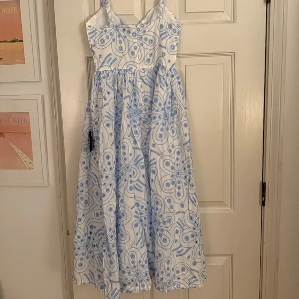 Blue and White Midi Eyelet Dress - Image 3