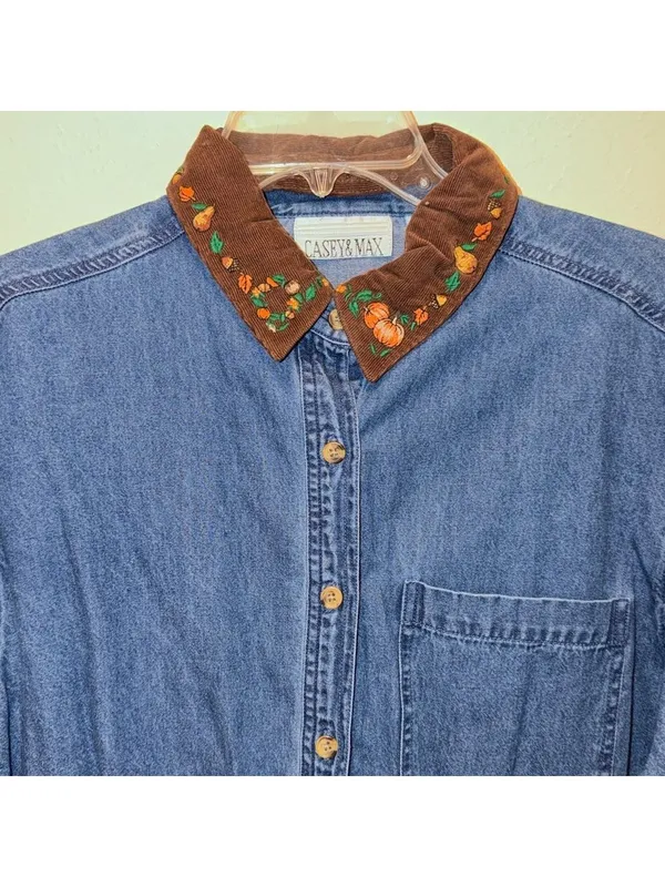 Vintage 90s Denim Shirt Corduroy Pumpkin Embroidered Jean Shirt cottagecore - Image 3