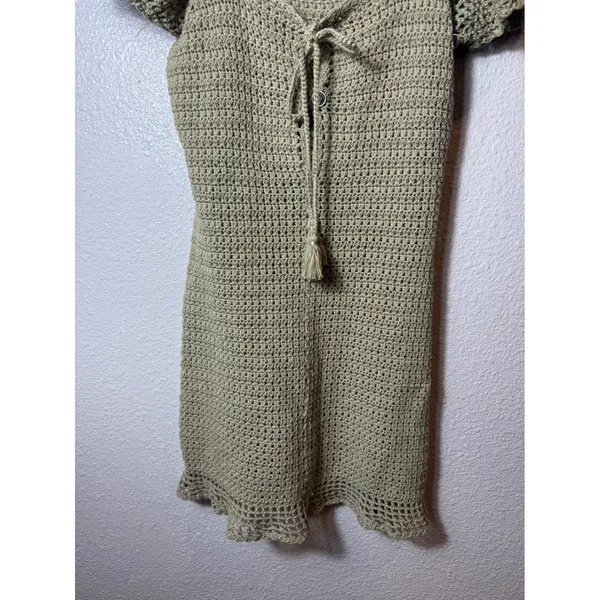 Source Unknown Sage Green Crochet Mini Dress Puff Sleeve Tie Front Boho Size S - Image 7