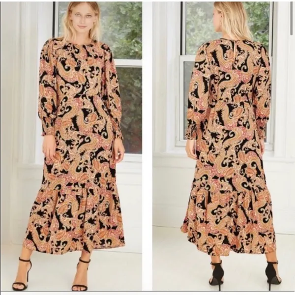 Who What Wear Black Paisley Tiered Long Sleeve Maxi Dress S - Image 2