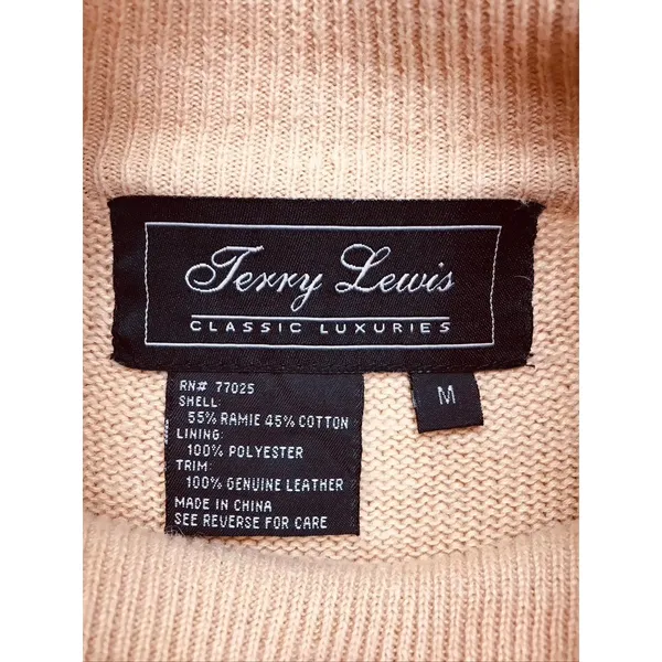 Terry Lewis Sweater Womens Medium Tan Leather Trim Ramie‎ Cotton Mock Neck - Image 2