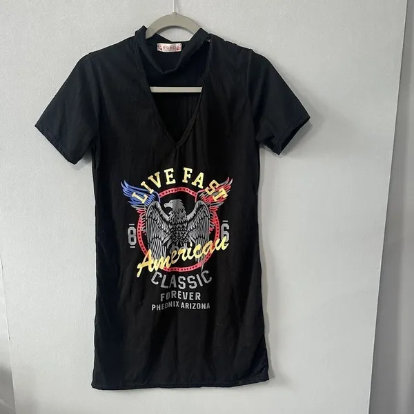 Wooahada Womens T-Shirt Dress Black Eagle Graphic Choker Neck M - Image 3