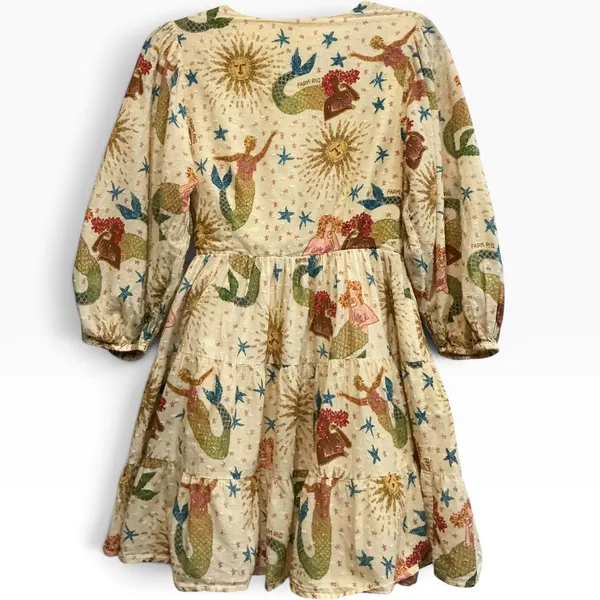 Farm Rio Anthropologie Mermaid Celestial Wrap Mini Dress Cream Embroidered Small - Image 5