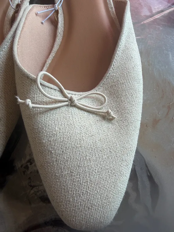 Old Navy Women’s Linen Look Ballet Mule Flats Beige Square Toe Bow Size 9 NWT - Image 3