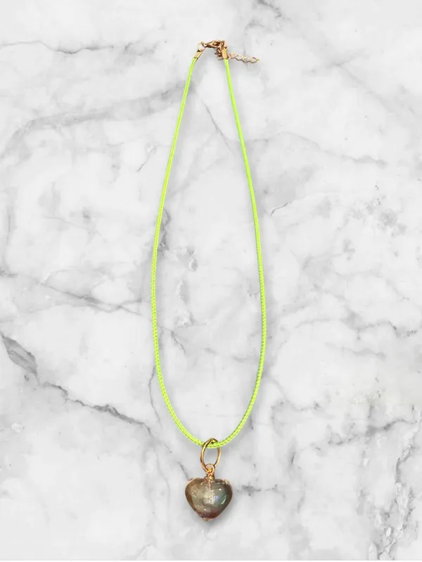 Handmade Iridescent Heart Pendant Necklace in Neon Green - Image 2