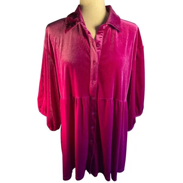 Pink Velour Button Up Blouse 3/4 length sleeves Size L - Image 6