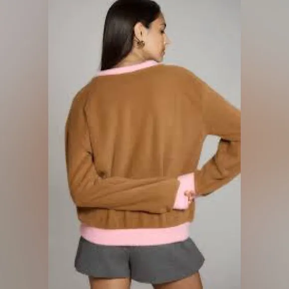 Maeve Anthropologie‎ Cozy Ringer Brown and Pink Fuzzy Sweatshirt Size Medium EUC - Image 3