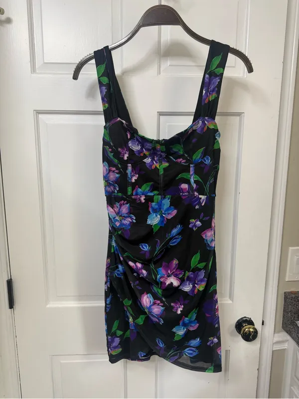 Lulu's Black Mini Dress with Purple, Blue & Green Floral Print - Image 5