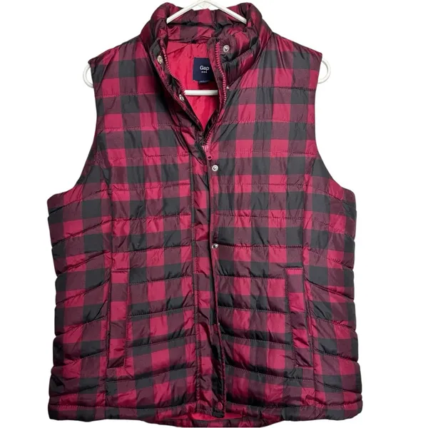 GAP Red and Black Buffalo Plaid Puffer Zipper Button Closure Vest Sz L - Image 2