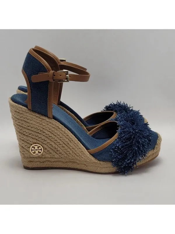 Tory Burch Wedge Espadrille Shaw Blue Denim Fringe Ankle Strap Sandals Size 8.5 - Image 4