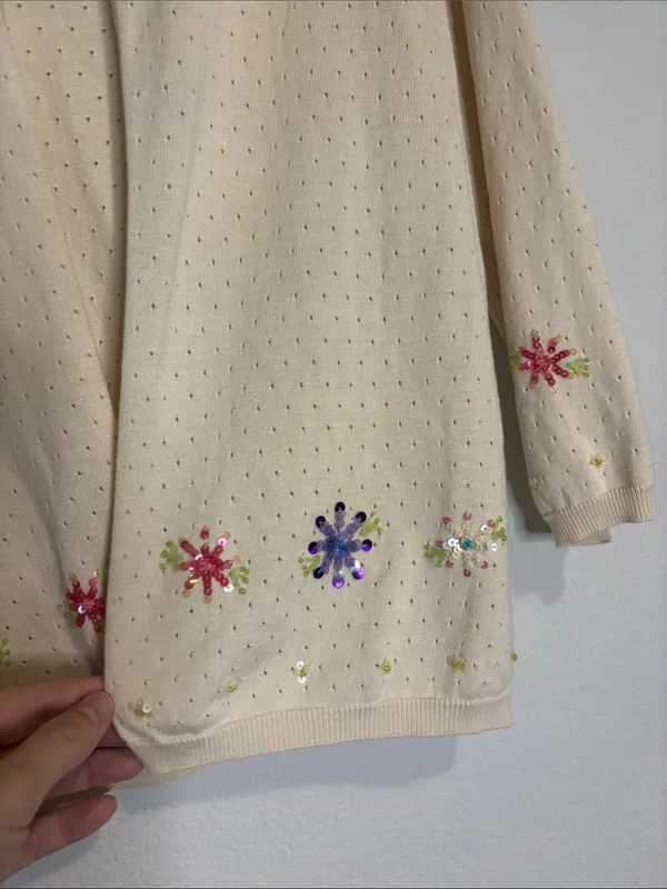 Vintage Joseph A. Cream Floral Embellished silk Knit Cardigan xl - Image 3