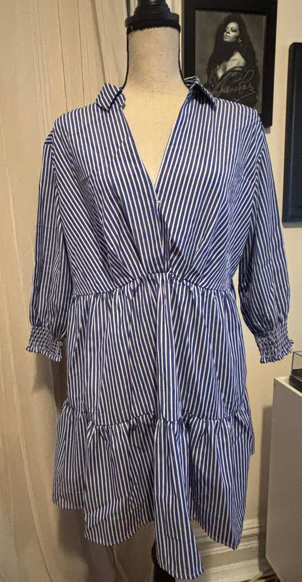 Women's 3/4 Sleeve V Neck Collar Striped Dress Casual A Line Ruffle Hem Mini Dresses - Image 3