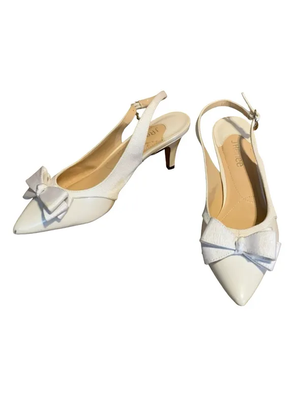 J. Renee White Faux Leather & Cloth Sling Back Kitten Heel Shoes (11w) - Image 5