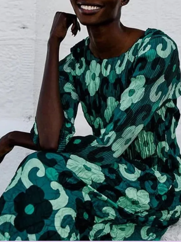 Alquema 3/4 Sleeve Smash Pocket Dress Ceramic Dreams Midi Floral Crinkle Pleated - Image 2
