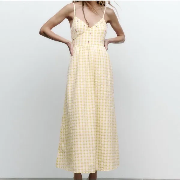 NWT ZARA Gingham Dress Yellow White XXLarge Beaded Open Back - Image 5