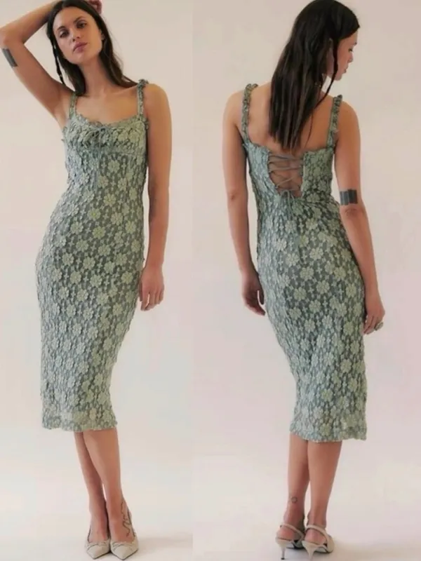 Free People Ethereal Dainty Romantic Lucinda Lace Midi Dress Lilypad Jade Small - Image 2