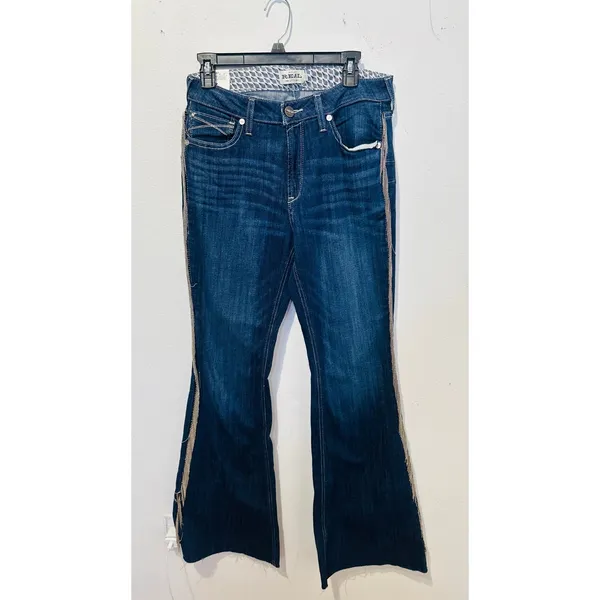 ARIAT R.E.A.L. Denim Dark Wash Silver Fringe Accent Side High Rise Flare Jeans - Image 2