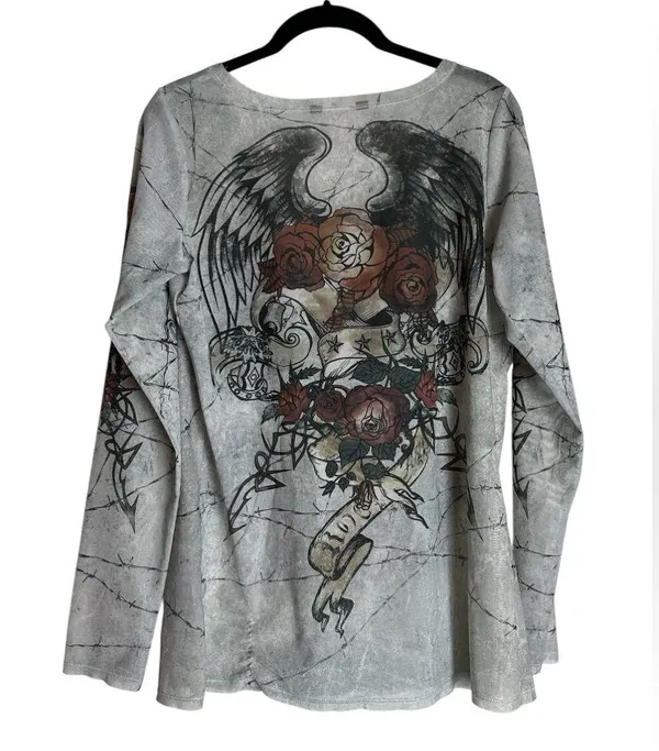 Rock & Republic Womens Y2K Mesh T-Shirt Gray Cross Angel Wings Tattoo Sleeve Grunge Size Med - Image 8