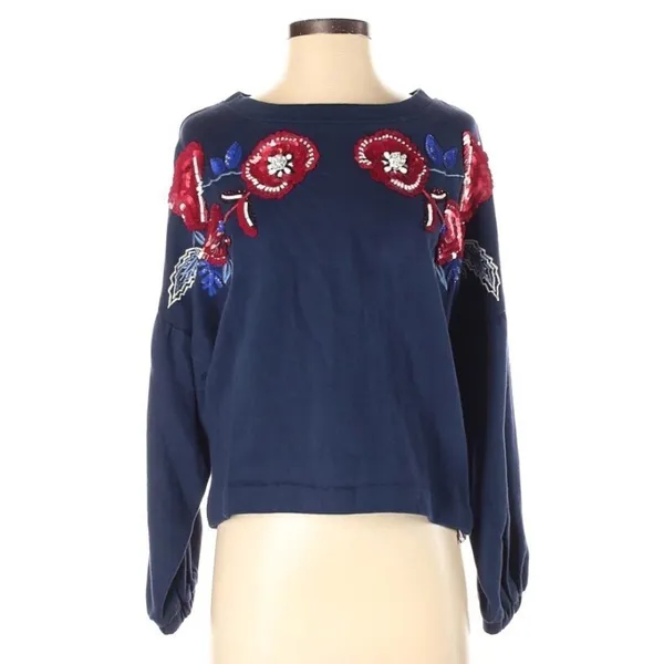 PARKER Beaded Sequin Sweatshirt Floral Embroidered Long Sleeve Blue‎ Red XS New - Image 2